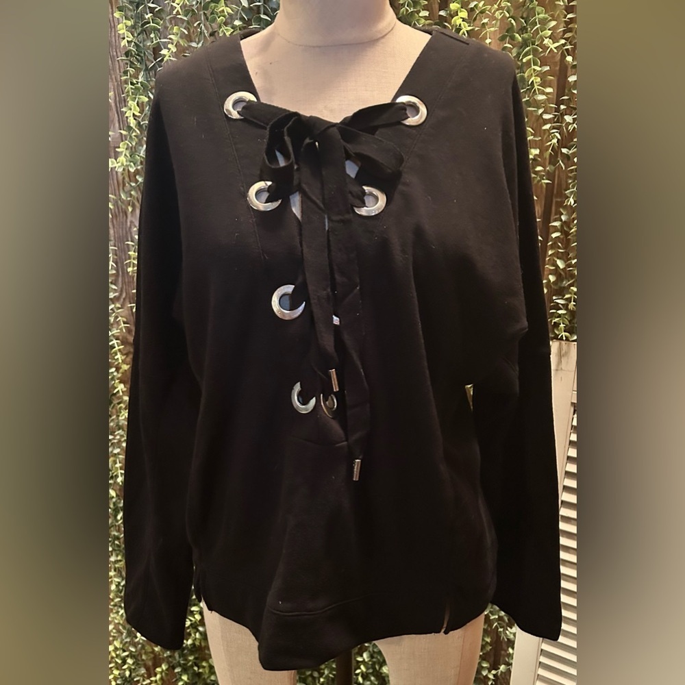 Black Lace-Up Sweatshirt with Silver Grommet Accents